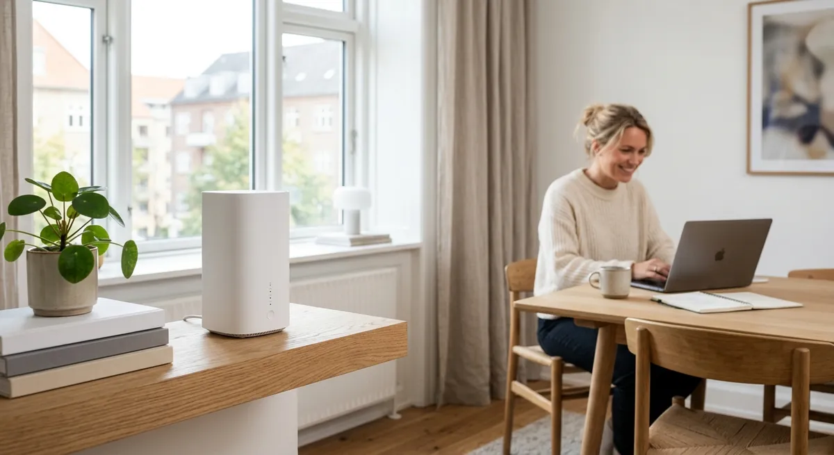 En elegant hvid 5G internet router placeret på en træhylde i en lys, skandinavisk stue med naturligt lysindfald.