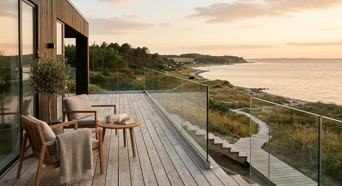Stilrent og moderne glasværn monteret på en træterrasse med udsigt